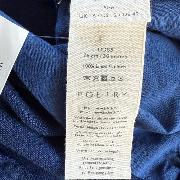 Poetry 100% Linen Pants Sz 12 Blue Wide Leg High‎ Rise Topstitched Welt Pockets - Picture 7 of 11